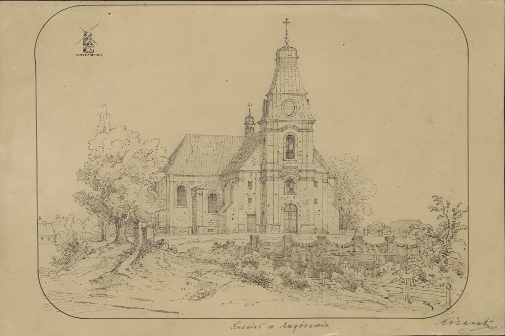 Delikatny rysunek ołówkiem i piórkiem. Przedstawia widok kościoła rzymskokatolickiego w Zagórowie w drugiej połowie 19-tego wieku.  Na pierwszym planie ogród z drzewami, dojazdowa droga, otoczona zielenią, na wzgórzu bryła kościoła od strony wejścia głównego. Strzelista wieża z kopułą zwieńczoną krzyżem, z tyłu reszta bryły budynku. Wysokie okna, zaokrąglone na górze. Kościół otoczony jest wysokimi drzewami. Na dalszym planie widać fragment zabudowy małego rynku.