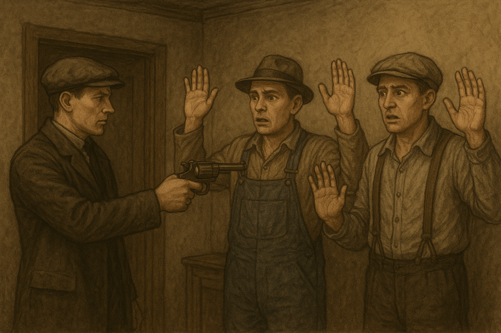 Mężczyzna mierzy z rewolweru do dwóch innych mężczyzn, stojących z rękami do góry. 